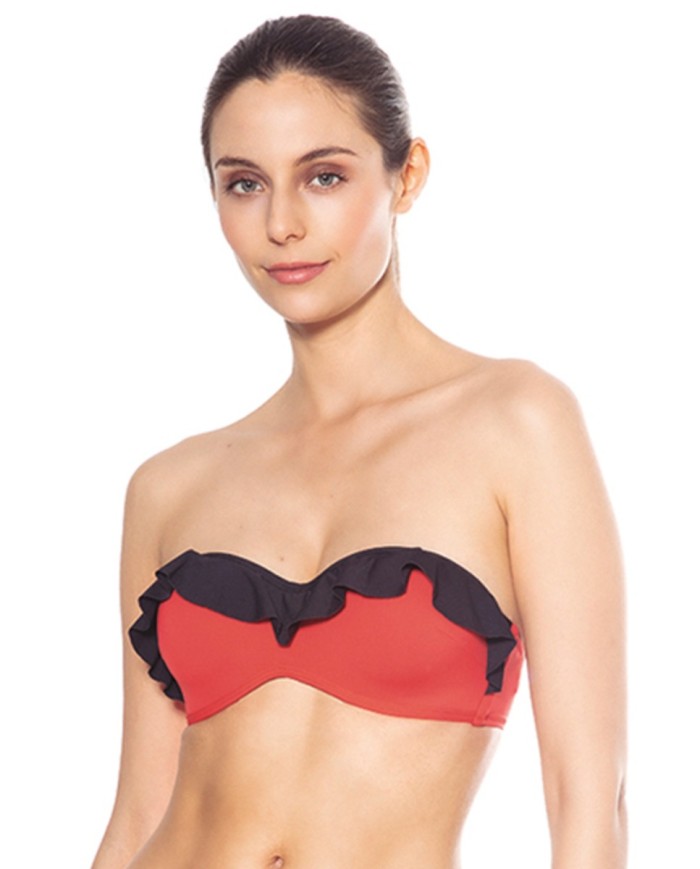 Top Bikini Bandeau Con Copa Liso Son Volante Rojo Rojo Bikini Bikini