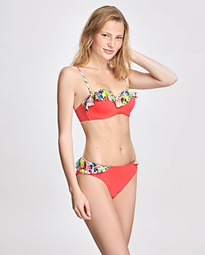 Top Bikini Bandeau Con Copa C Liso Y Volante Estampado Bikini Bikini