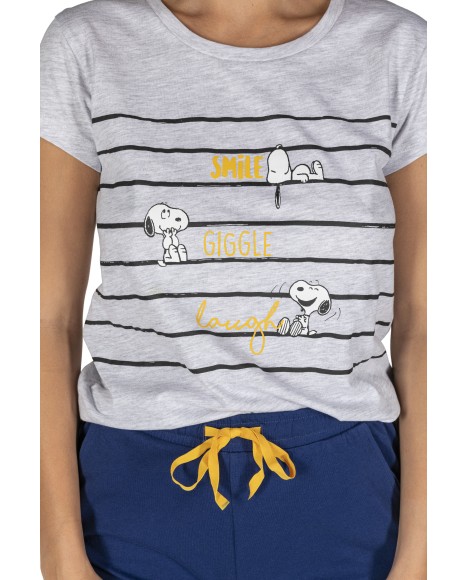 Pijama mujer Snoopy en gris y pantalón marinos con cordón