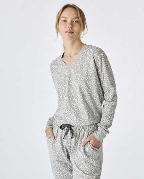 Pijama de mujer de algodón de color gris estampado