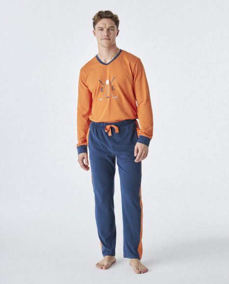 Pijama de hombre de algodón de color naranja y azul