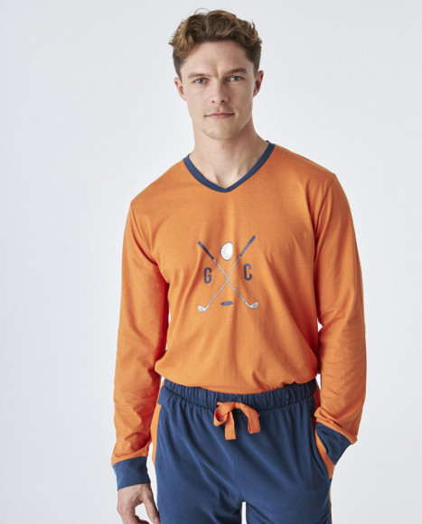 Pijama de hombre de algodón de color naranja y azul