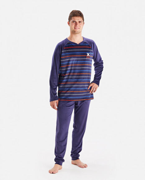 Pijama para hombre de terciopelo en color morado con rayas